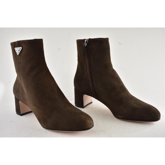 Prada 55MM Moro Chocolate Brown Suede Logo Short Ankle Block Heel Bootie 37.5 - Picture 4 of 16